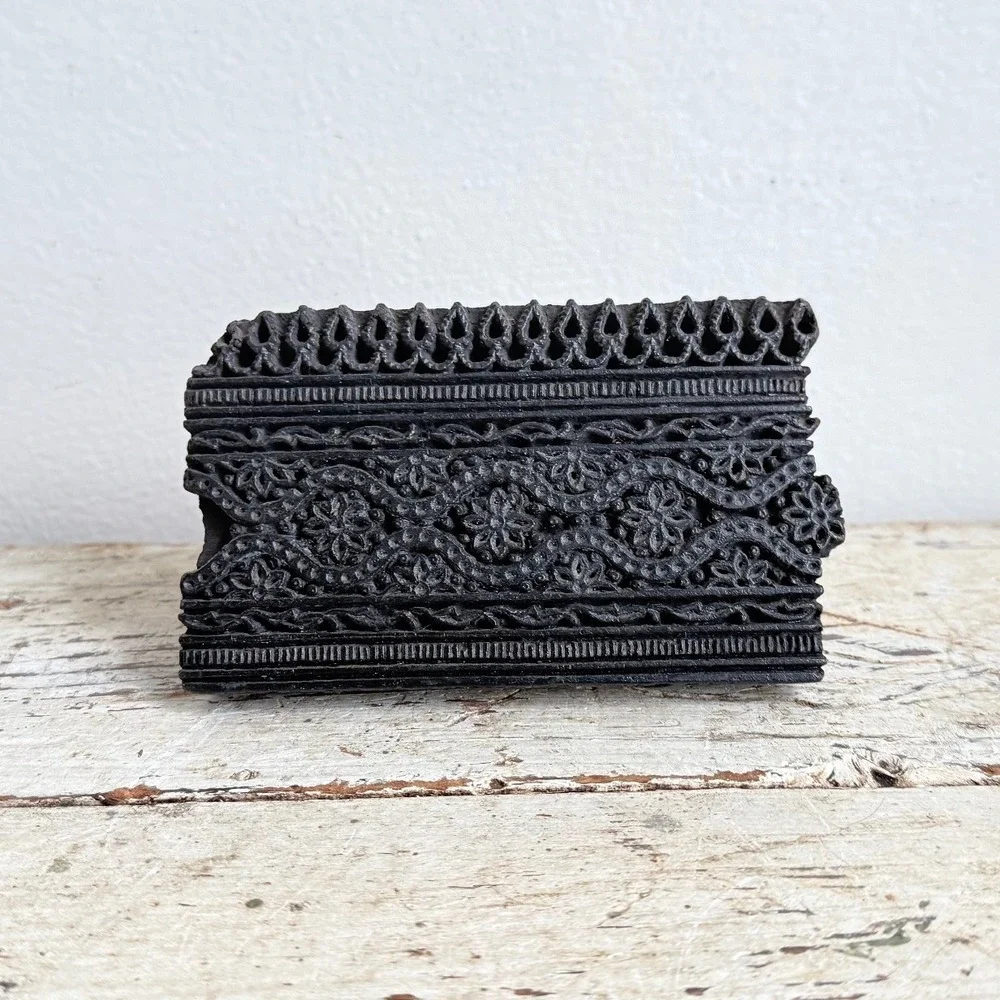 Vintage India Hand Carved Wooden Block Stamp Floral Border Textile Print Tool